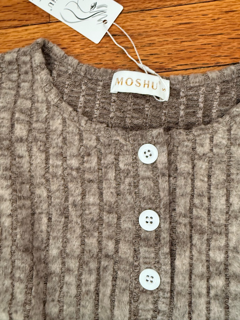 Moshu Taupe Ribbed Button-Front Knit Top Bottom Pajama Set